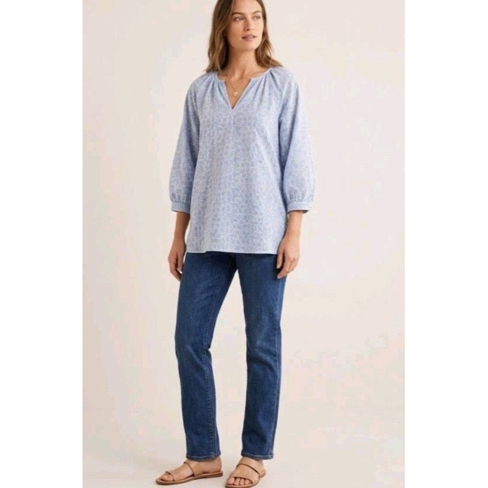 Lilly Pulitzer XL Willa Blouse Floral Eyelet 3/4 Sleeve Blue/Wt Cotton